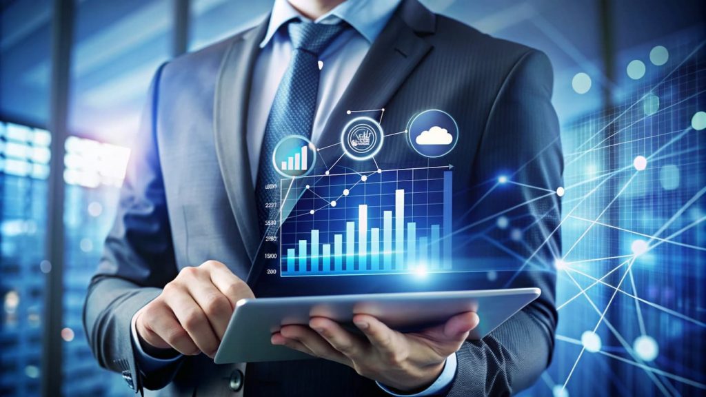 Business professional using a tablet with CRM data graphics