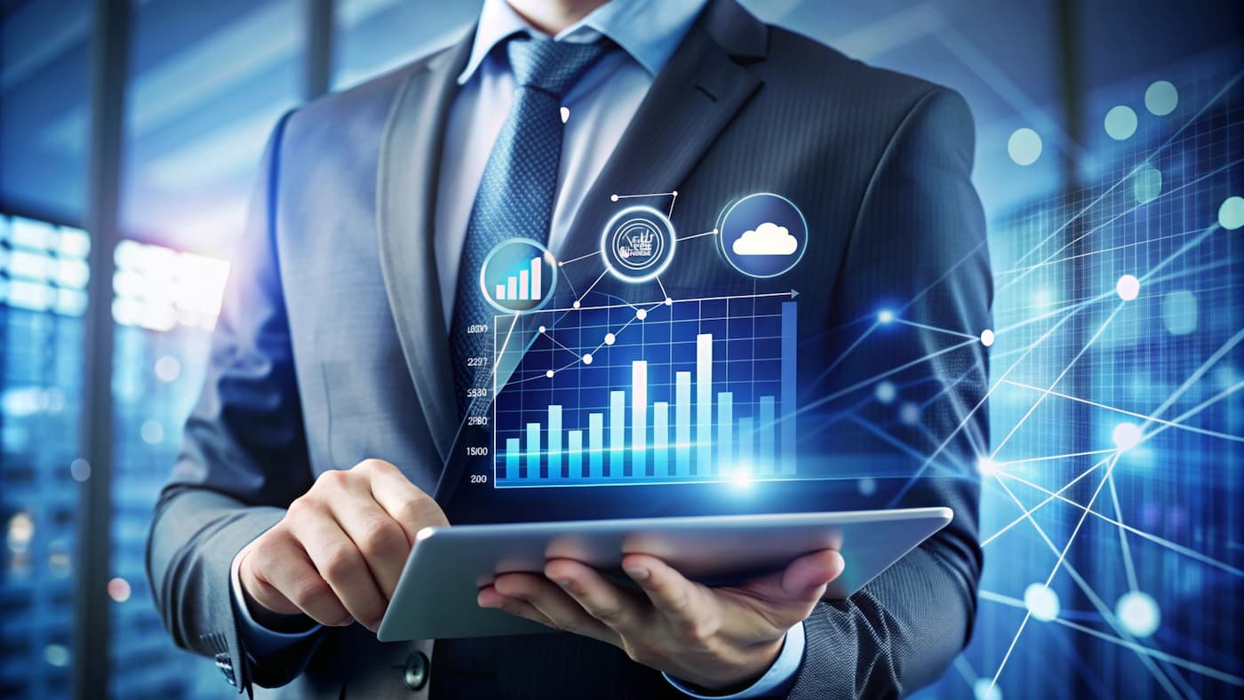 Business professional using a tablet with CRM data graphics