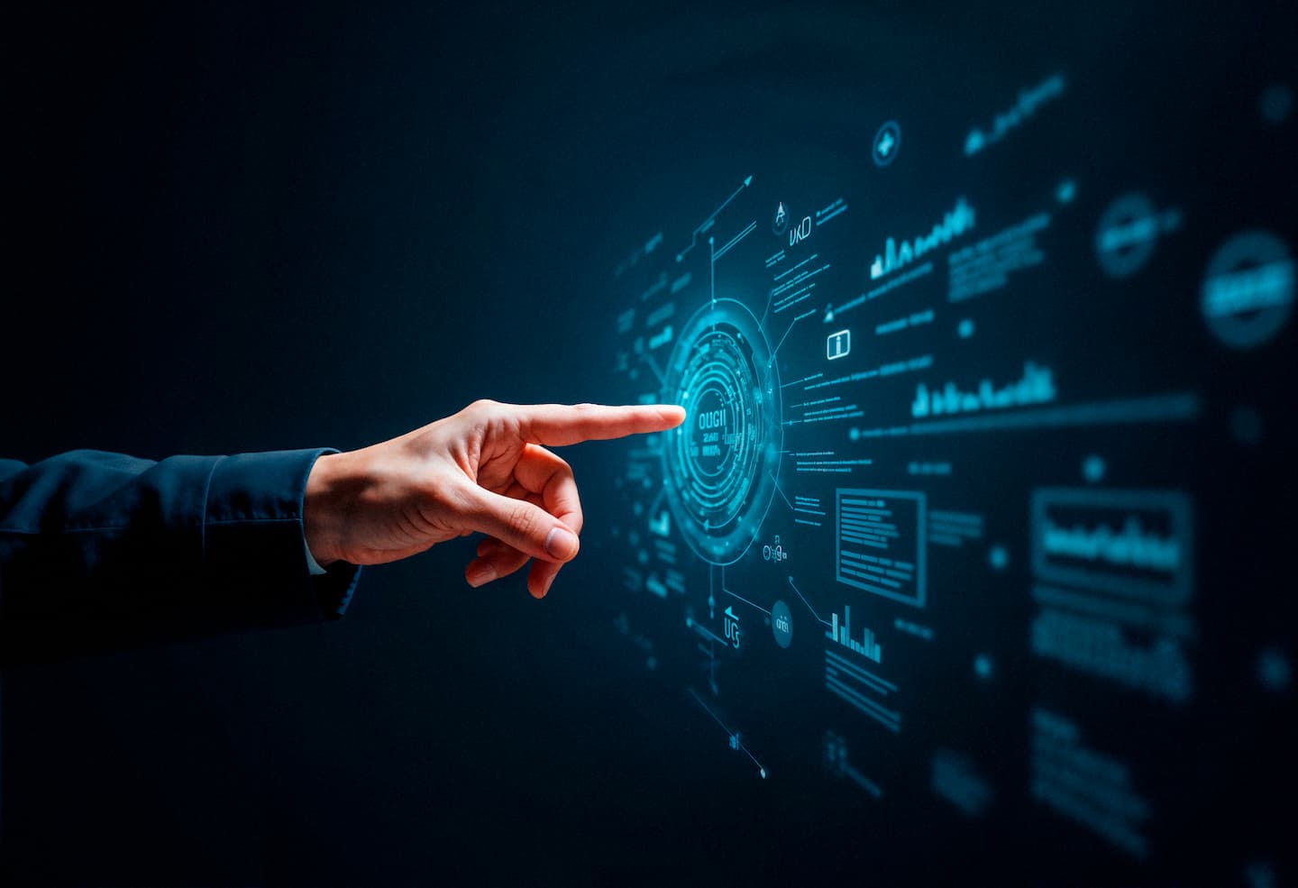 Business hand using a digital data visualization dashboard